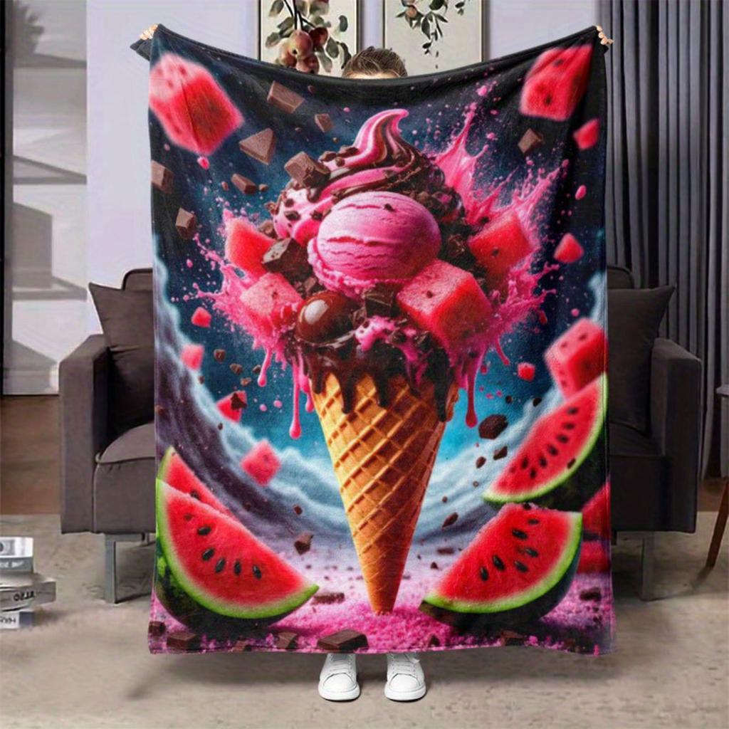 1 Bright Watermelon and Chocolate Ice Cream Print Flannel Blanket - Perfect for Beds, Sofas, Offices, Travel, Decor, Chairs