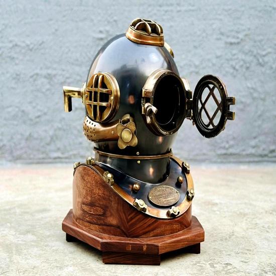 45,72 cm Taucherhelm US Navy Tiefseetaucherhelm mit Holzsockel, nautisches Geschenk