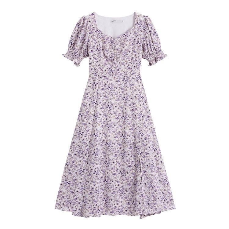 New French bubble sleeve split chiffon oil painting lavender spring summer autumn floral retro dress explosion
