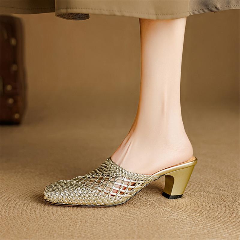 Fashion New Summer Slippers Microfiber Slippers for Women Fashion Hollow Out Mules Square Toe High Heels Cover Toe Slippers Sandals