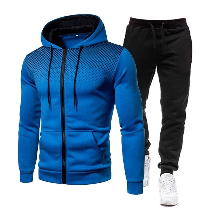 New Polka Dot Print Solid Color Zipper Set Autumn and Winter Plus Velvet Men's Sports Hoodie Sweatshirt and Sweatpants