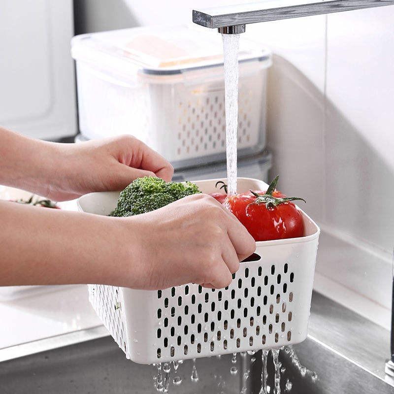 3pcs Double-Layer Drain Basket with Cover Refrigerator Fruits Vegetables Large Washing Basket Kitchen Storage Containers