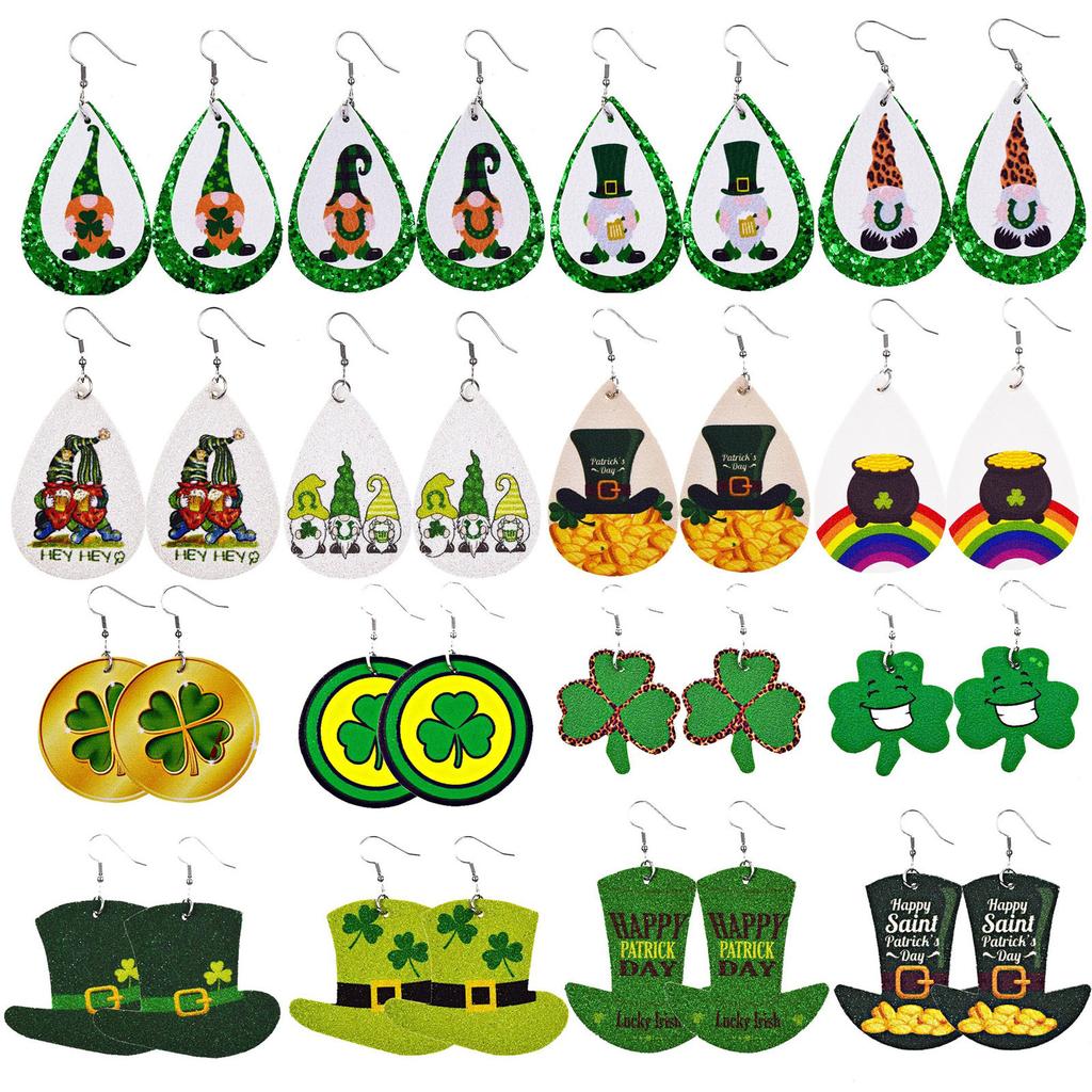 Women Fashion ST. Patrick's Day Green Drop Shape Printing  Earrings Ear Studs