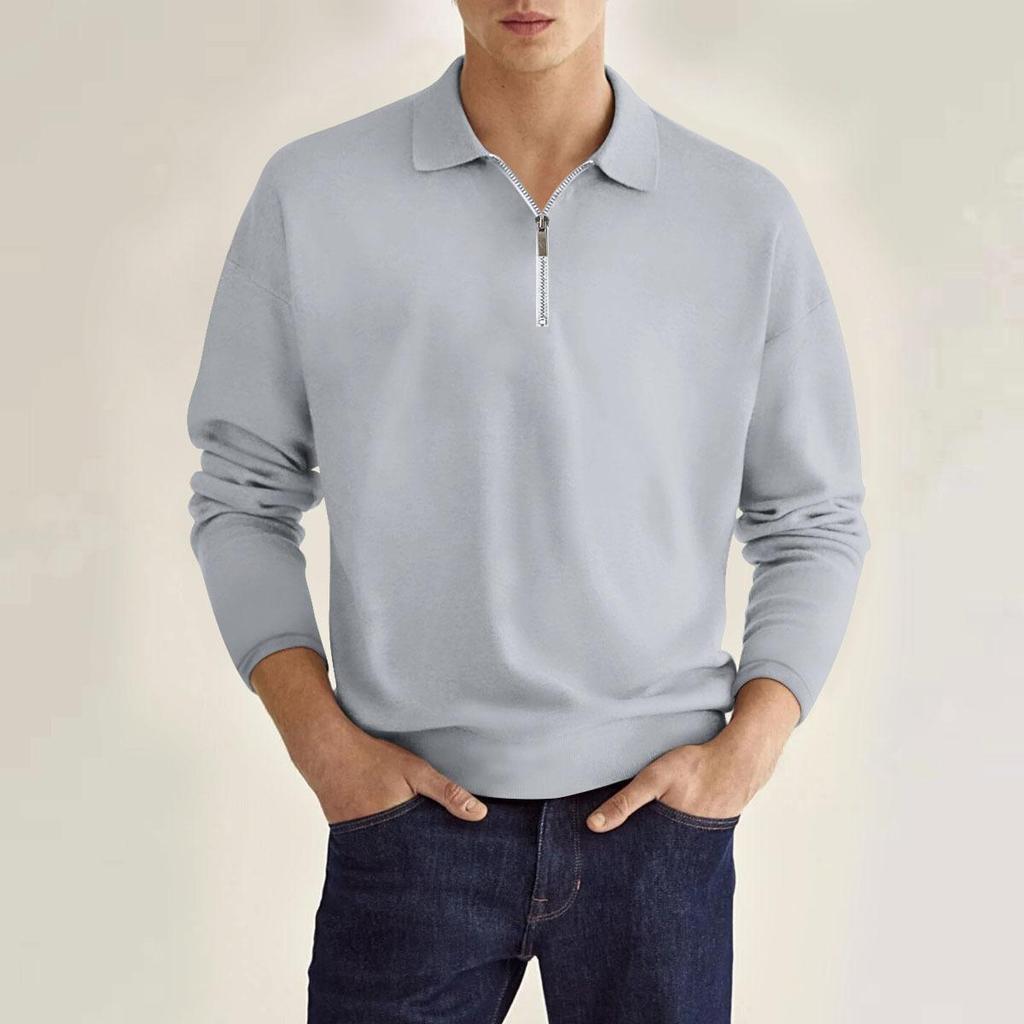 Fashion Men's Casual Polo Top Shirt Zip Solid Colour Men's Long Sleeve Sports Polo Shirt