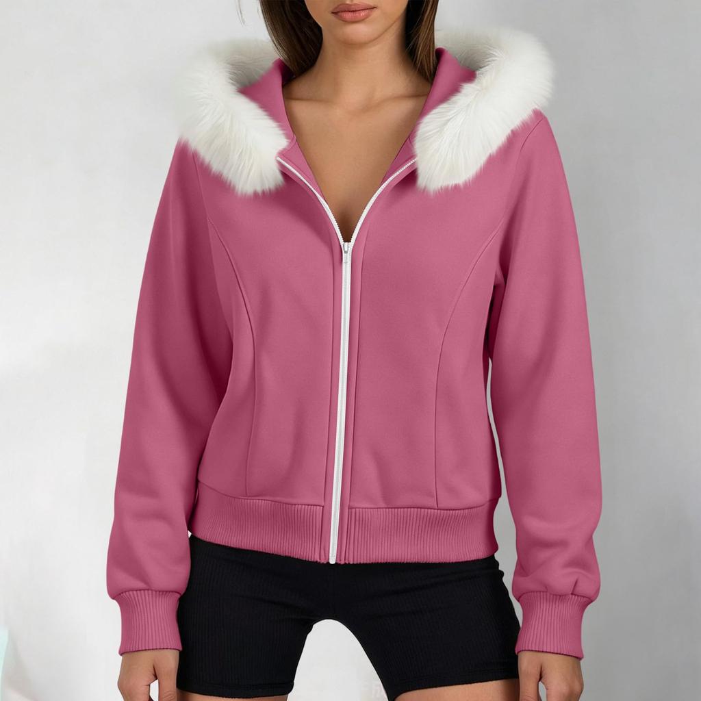 Women's Color Long Sleeve Hooded Zip Up Jacket with Pockets and Faux Collar