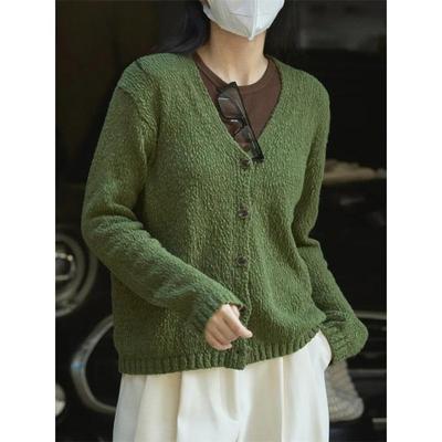 Spring Vintage V-neck Knitted Cardigan Women Texture Loose Simple Casual Long Sleeve Jacket Female