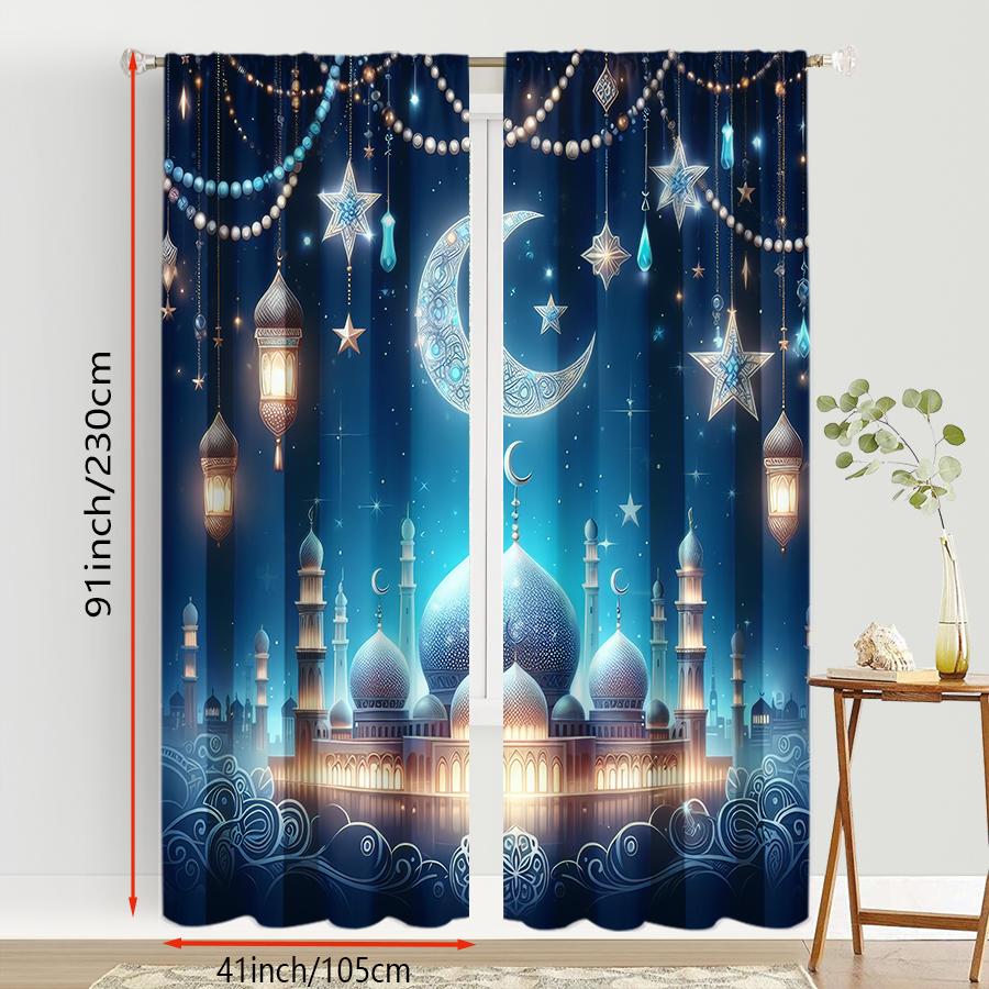 2 ks Očarující mešita a lucerna noční závěsy   Ideální pro dekoraci oken na Ramadan/Eid   Elegantní dekorace obývacího pokoje/ložnice