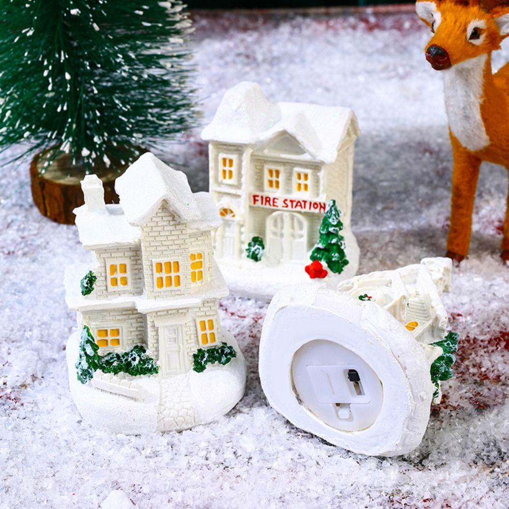 Cute Christmas Glowing Small House Resin Elegant Christmas House Ornament Luminous Snow House LED Lights Figurines