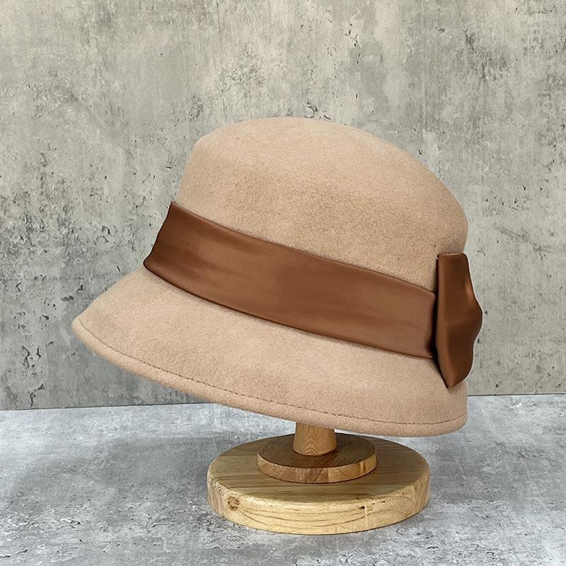 French Elegant White Woolen Top Hat Women'S Autumn And Winter Retro Hepburn Bucket Hat Autumn And Winter Small Edge Bell-Shaped Basin Hat