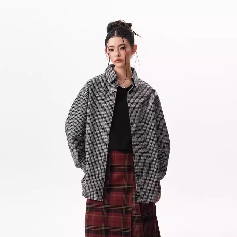 QOTRIOCK American Retro Plaid Long Sleeve Shirt