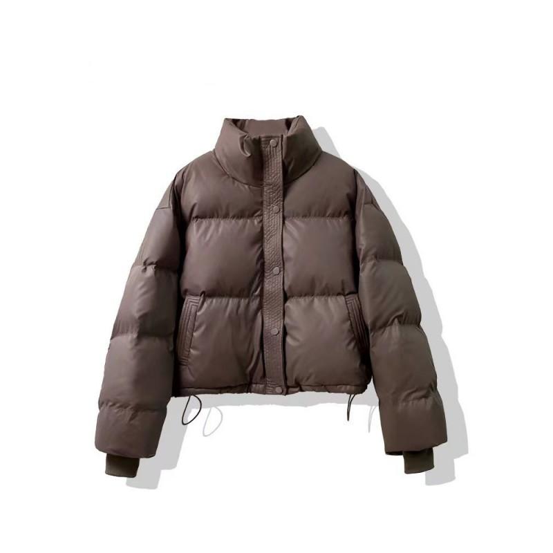 Womens Short Puffer Jacket Oversized Thick Cotton Coat Faux Leather Outerwear Winter Warm Parka