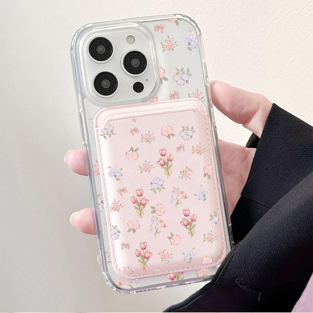 Full screen Pink Floral fragments For Magsafe wallet Magnetic Card holder Phone Case For iPhone 16 13 15 14 17 Pro Max 16E Cover