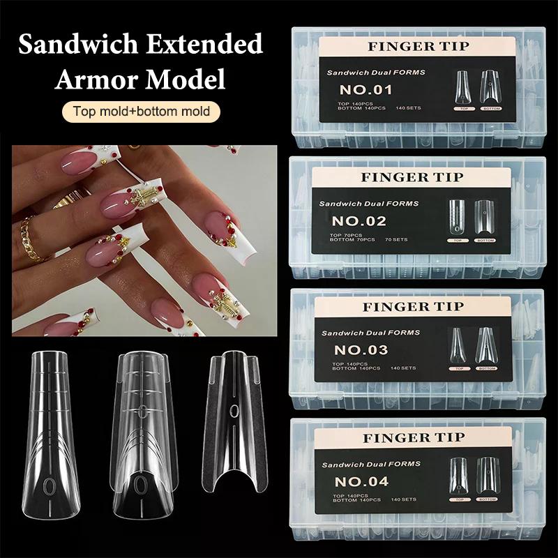 280pcs Sandwich Dual Forms Nail Extension Upper Mold Coffin Almond Acrylic Top Bottom Molds 14 Sizes Nail Forms