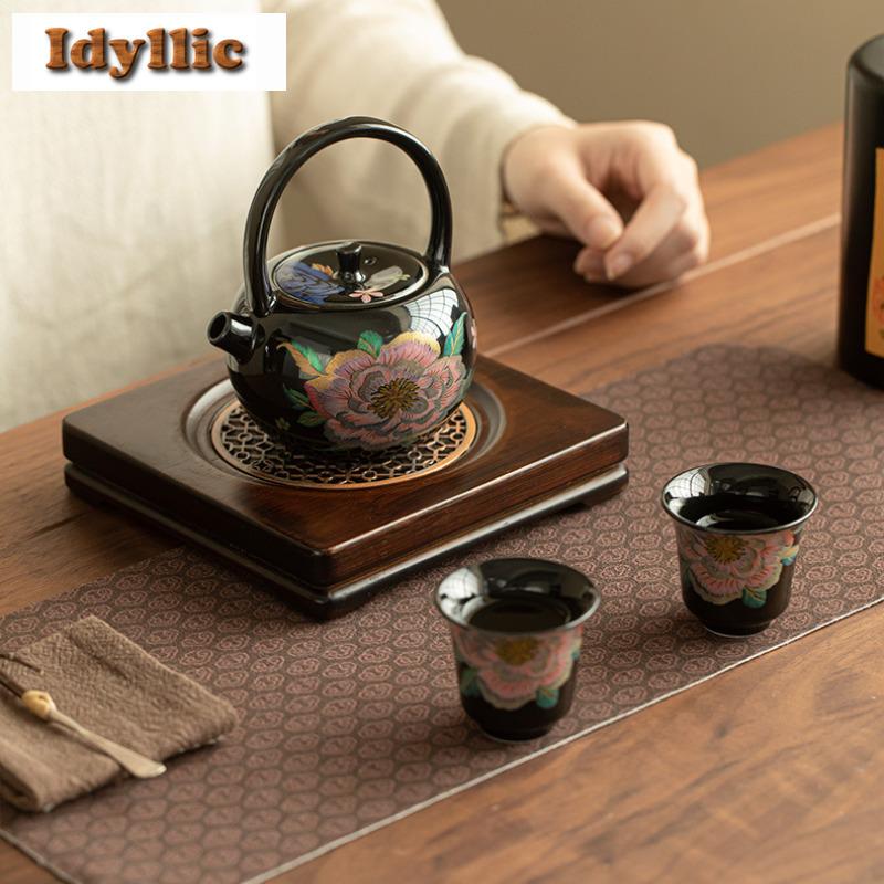 230ml Cloisonné Black Glaze Lifting Handle Teapot Japanese Tea Infuser Pot Tea Brewing Kettle With Strainer Drinkware Ornaments