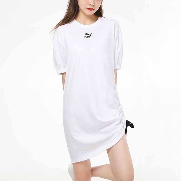 Puma Logo Embroidered Drawstring Casual Sports Short Sleeve Dress Women dresses White 532632-02