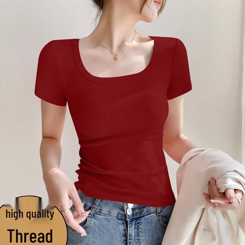 Women's Short-Sleeve Square Neck Ribbed T-Shirt – Minimalist Trendy Style
