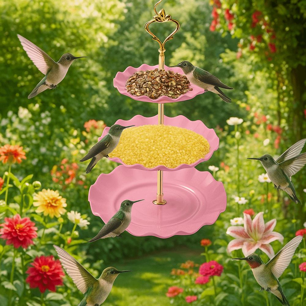 

Plastic Hanging Bird Feeder Detachable Bird Water Feeding Tray 3-layer Feeder Outdoor Spaces рожевий