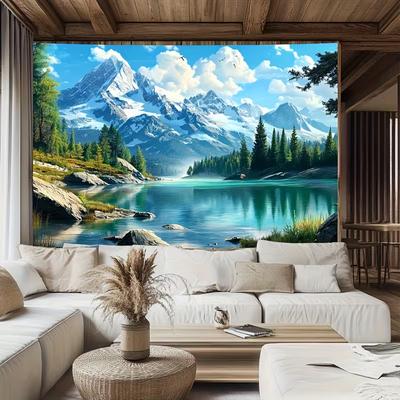 Bergsee Wandteppich Wandbehang, Schneebedeckte Gipfel & Pinienwald Naturlandschaft Wandkunst für Heimdekoration