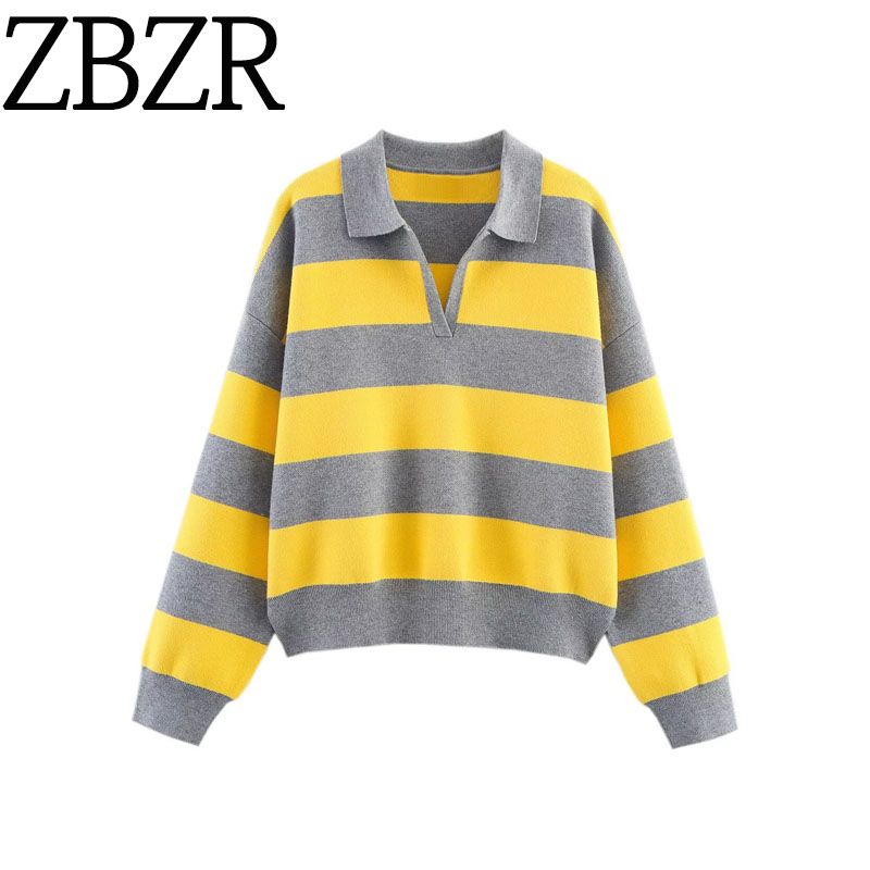Za New Fall Women's Clothing 2025 Fashion Wind Fashion Loose Polo Collar Stripes Knitwear Sweater 553616
