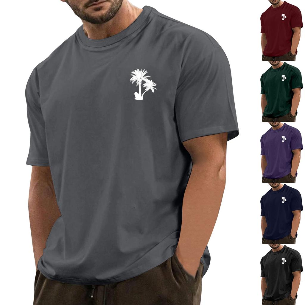Men's Fashionable Casual Hawaiian Print Round Neck Short-Sleeved T-Shirt Top