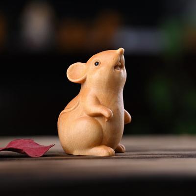 Home Decor Wood Carved Zodiac Mouse Statuette Cute Funny Hamster Statue Decorative Animal Figurine Sculpture Home
