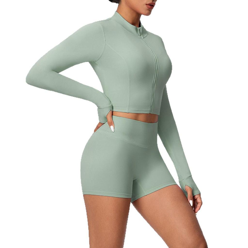 High-Waisted Hip-Lift Sports Shorts & Zip Jacket Yoga Set - Nude Feel for Casual Run & Fitness
