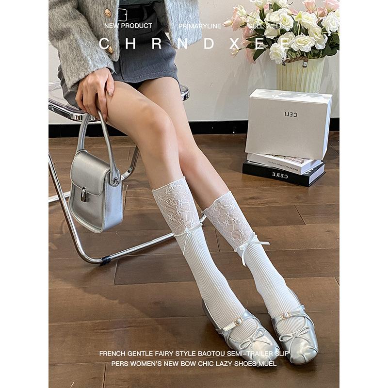 Sheepskin Version~ Silver Temperament Retro Single Shoes French Ballet Shoes Women's Bow Square Head Light Mouth Soft Flat Shoes