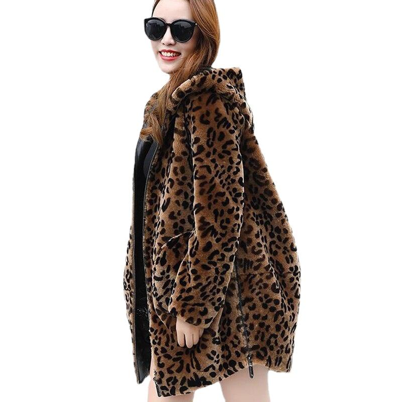 

Женщины Леопард Искусственные меха Зима Теплый Толстый с капюшоном Куртка с длинным рукавом Молния Свободный плюс Размер Куртка