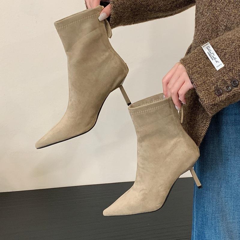 Shaved single boots pointed toe stiletto Martin boots sexy versatile stable rear zipper thin boots temperament commute