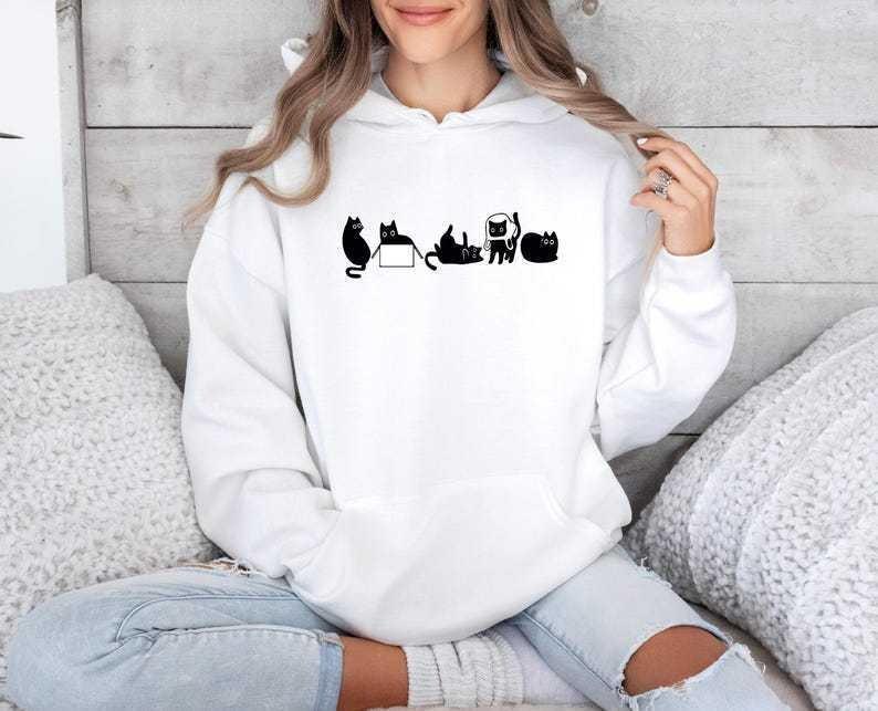 Toamnă și Iarnă, Model Amuzant cu Pisică Neagră, Bluza cu Mânecă Lungă Imprimată, Pulover cu Glugă la Modă pentru Femei