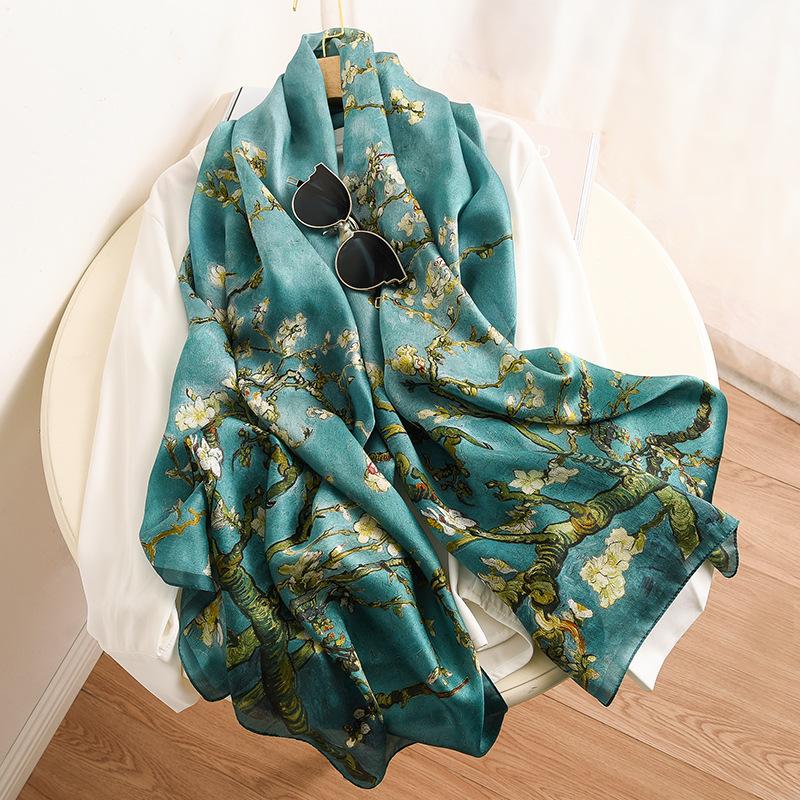 Van Gogh oil painting apricot flower satin silk silk scarf long mulberry silk scarf spring and autumn shawl dual-purpose gift mother