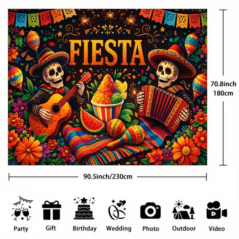 2D Cinco de Mayo Fiesta Backdrop, Colorful Skeleton & Maracas Photography Background