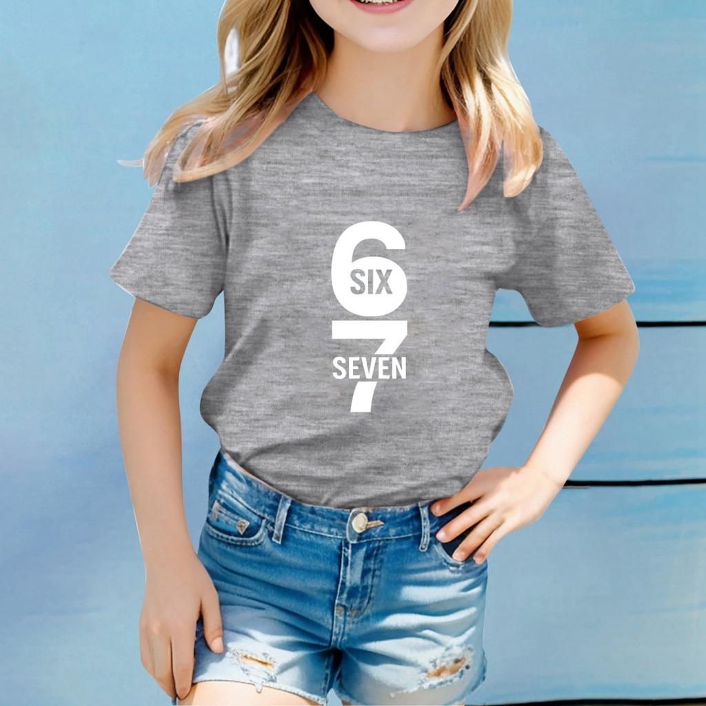Children Funny Six Seven 67 Meme Print T-Shirt for Kids Humor Round Neck Tee Novelty Gift Girl Top Fashion Children's Clothing