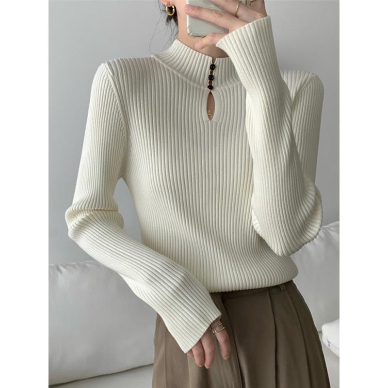 

Semi-turtleneck knitted bottoming shirt women s autumn and winter hollow sweater long-sleeved high-end mid-neck top One size