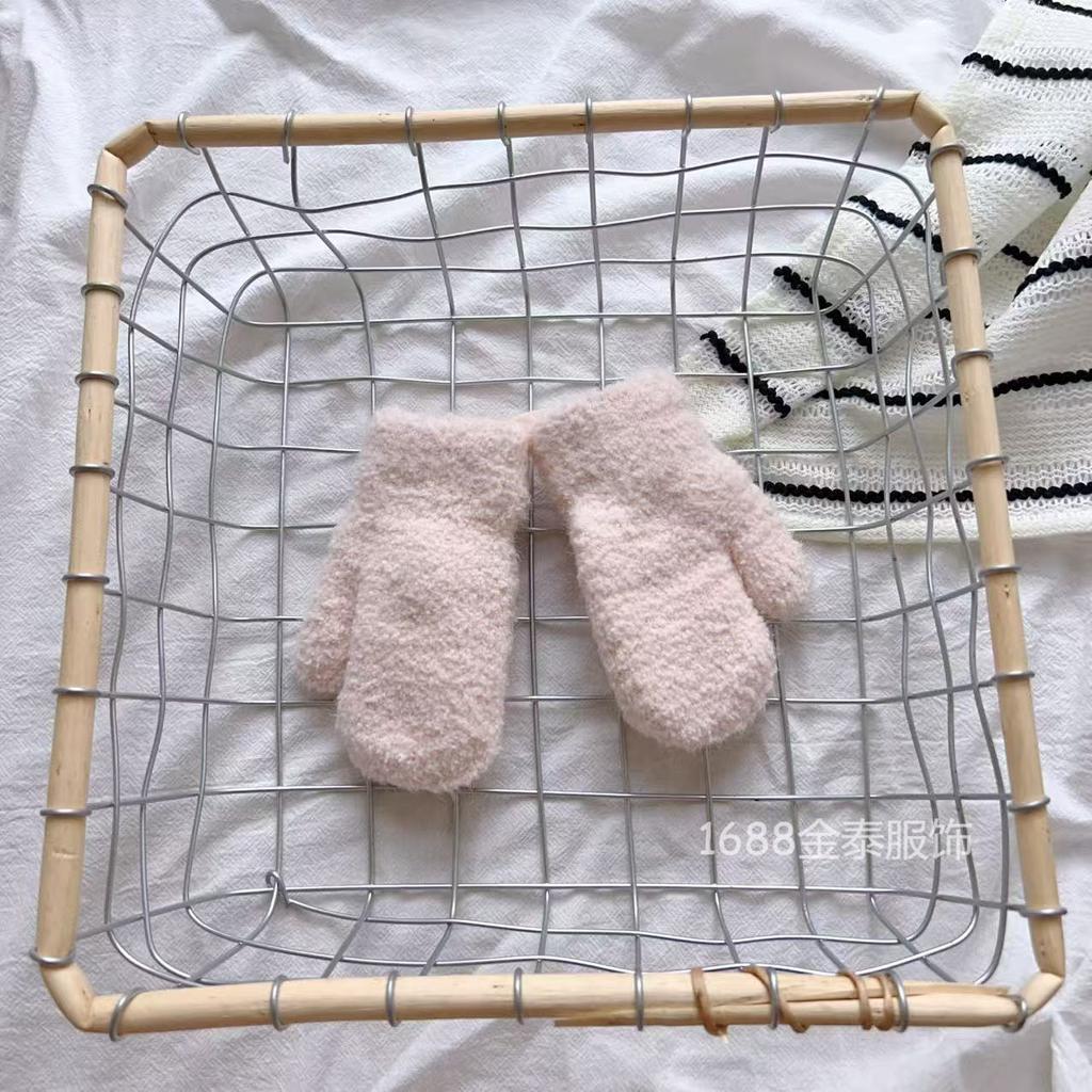 Baby Gloves Ins Soft Glutinous Waxy~ Korean Simple Solid Color Plush Baby Winter Thickened Warm Neck Bag Finger
