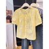 Womens Embroidery Hollow Out Blouse Puff Sleeve Casual Button Up Shirt