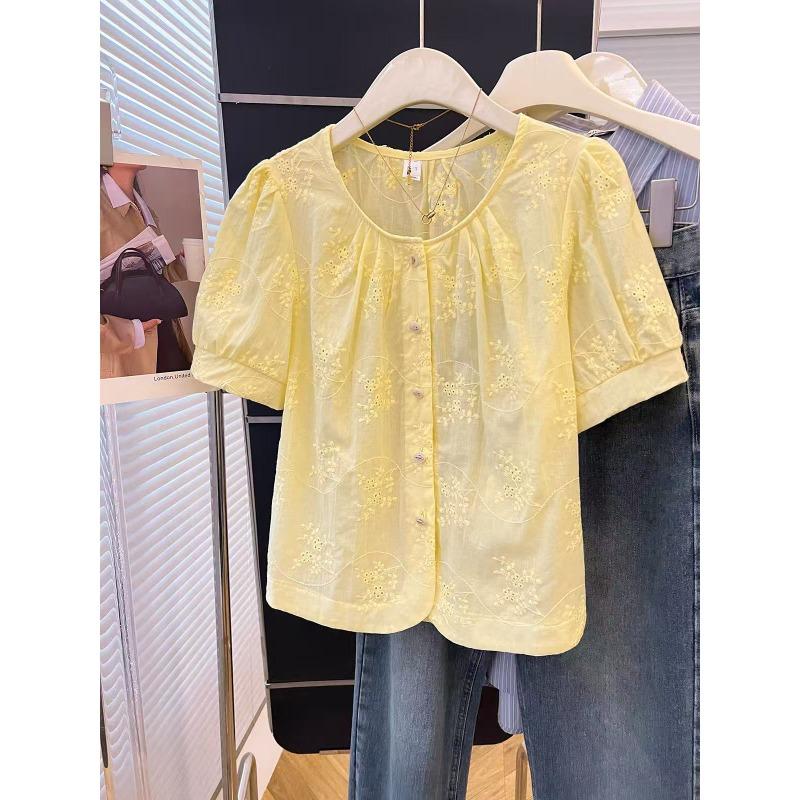 Womens Embroidery Hollow Out Blouse Puff Sleeve Casual Button Up Shirt