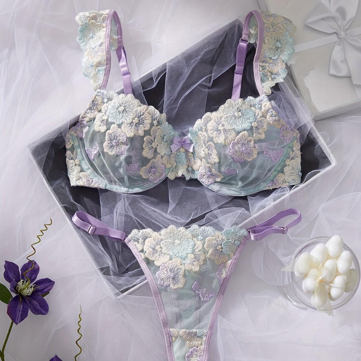 

European and American Sexy lingerie sets Sexy small flying sleeves flower embroidery hollow thin cup erotic underwear set S светло-фиолетовый
