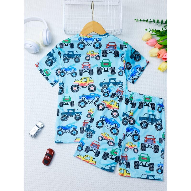 Casual Shorts T-Shirt Set with Vibrant Vehicle Print Design Round Neck Machine Washable Polyester Blend Ideal Spring/Summer