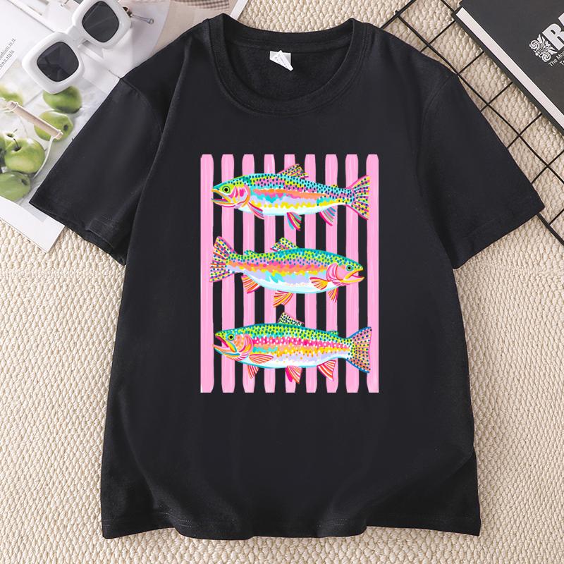 Fish T Shirt Rainbow Cotton Short Sleeve Trout Fishing TShirt Preppy Summer Graphic Tee Outdoor Girls Ladies Fishing Tshirt