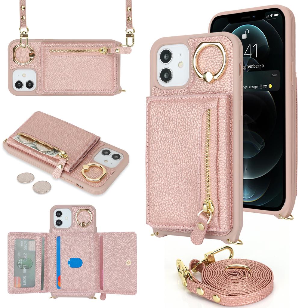 For iPhone 12/12 Pro Case Card Bag Ring Holder Litchi Texture Leather+TPU Phone Cover with Long Strap