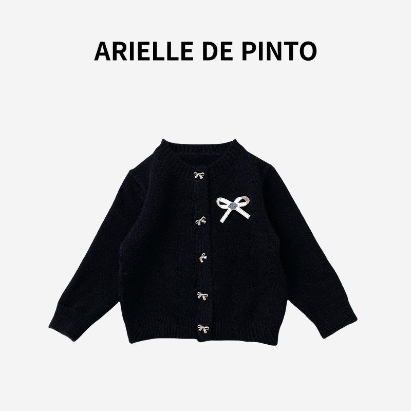 French Arielle De Pinto Girls  Autumn Bow-Knot Tweed-Style Knit Cardigan Korean Style Fashionable Cardigan Black Sweater 90