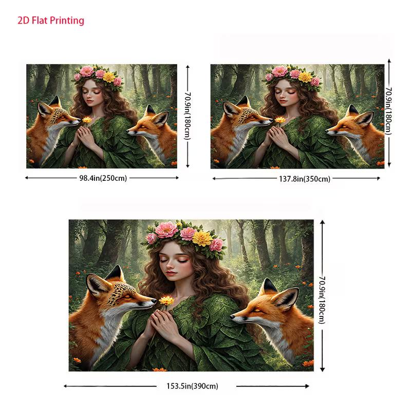 2D Fantasy Nature Backdrop Forest Goddess with Red Foxes Photo Background