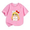 Kids Boys Girls 100% Cotton Crew Neck Short Sleeve T-Shirt, Cute Cartoon Blonde Character In Hello Kitty Costume Print Casual Soft Breathable Tee Top
