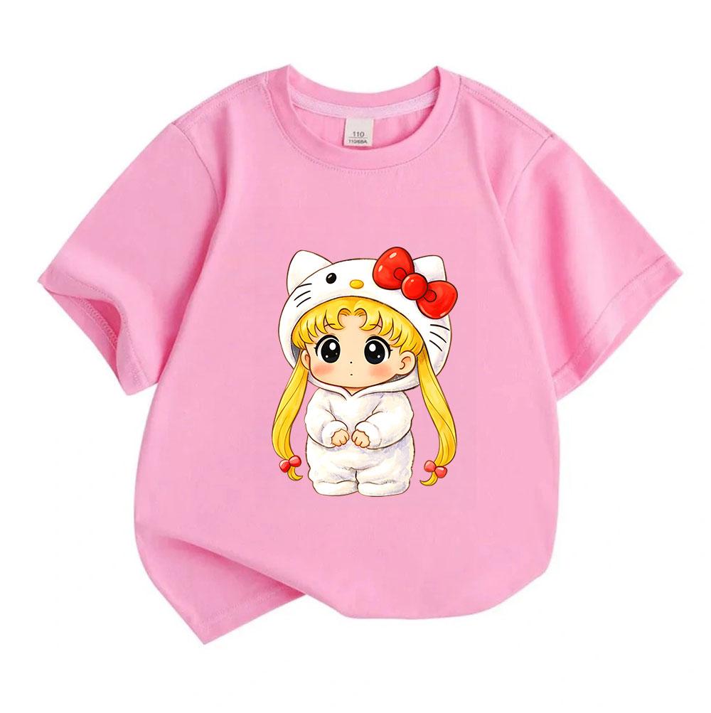 Kids Boys Girls 100% Cotton Crew Neck Short Sleeve T-Shirt, Cute Cartoon Blonde Character In Hello Kitty Costume Print Casual Soft Breathable Tee Top