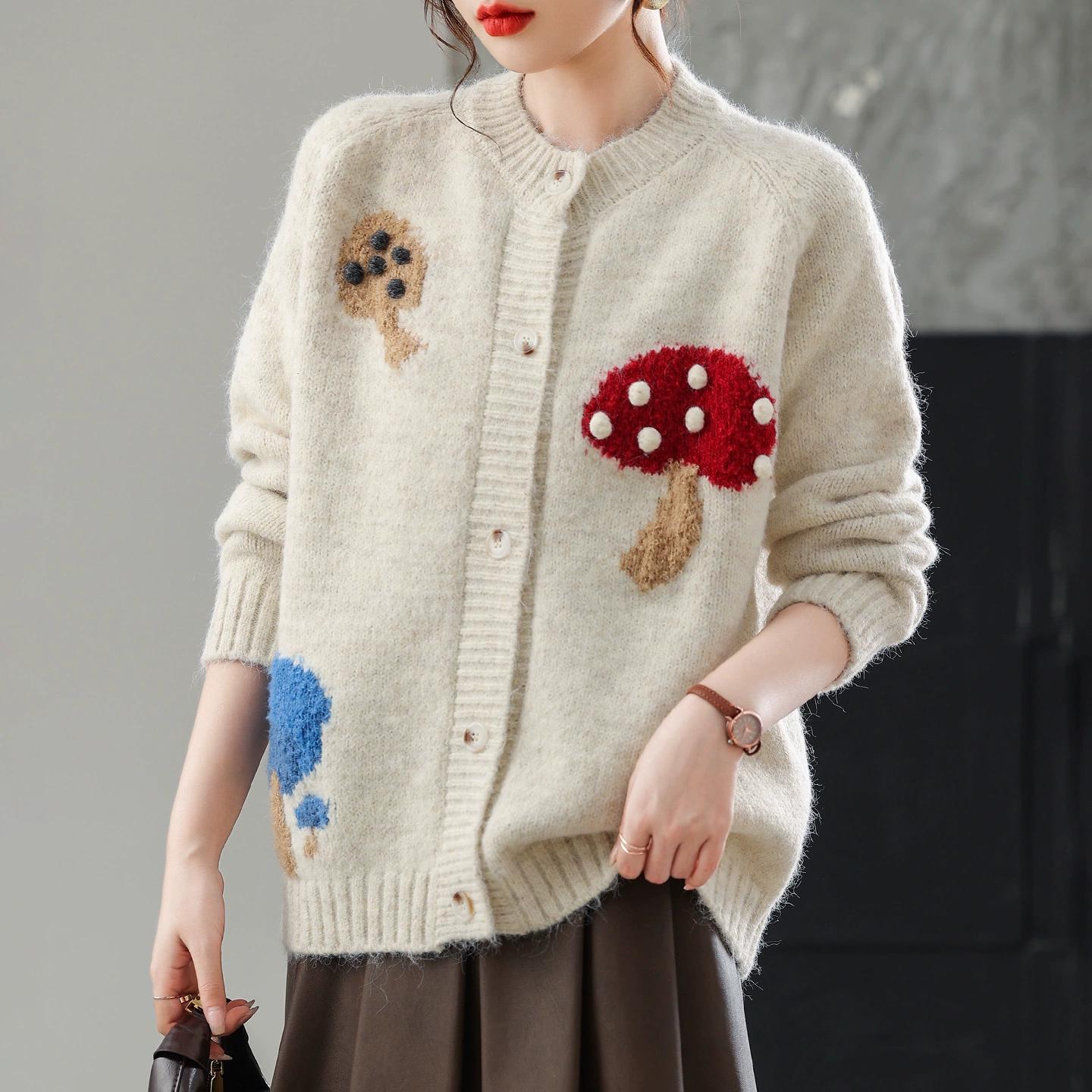 

DIMANAF 2025 Осень Свитера Кардиган Карманы Женщины Принт Узором Пуговицы Свитера Вязание Свободный Свитер One Size