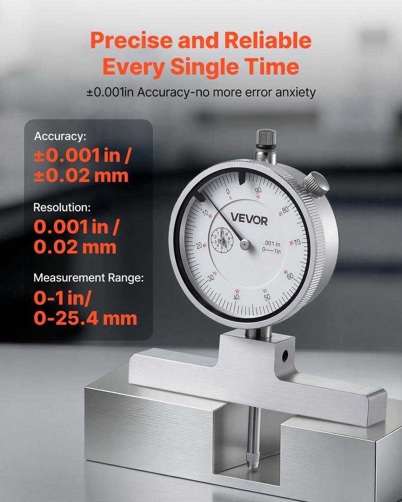 VEVOR Depth Gauge, Depth Micrometer 0-22 in Measuring Range, 0.001 in Resolution, with 4 Anvils & 6 Standard Rods