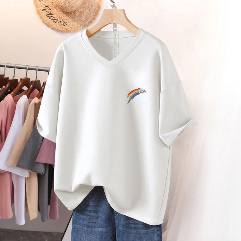 

Футболка с коротким рукавом, Свободного кроя, Приталенный топ с V-образным вырезом с принтом для женщин 2XL белый