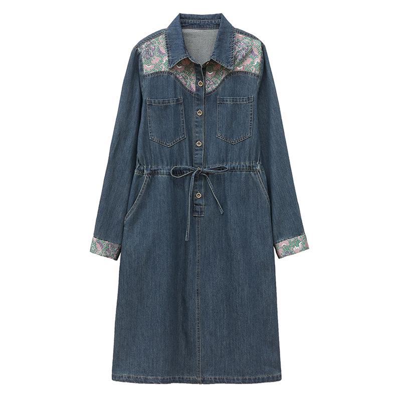 2024 Retro Chinese-Style Denim Shirt Dress for Women - Spring/Autumn A-line