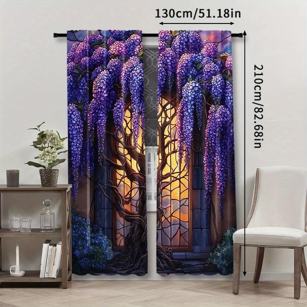 2pcs, Beautiful Stained Glass Wisteria Flower Curtain for Home Decor, Perfect for Bedroom, Office, Kitchen, Living Room, and Study, Rod Pocket Window